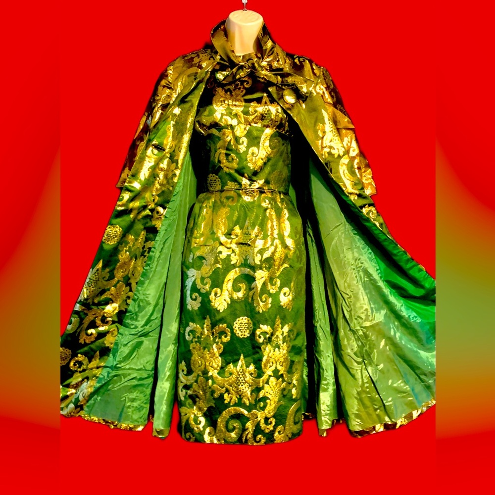 60s Vintage 2 Piece Party Dress & Swing Coat Gold Brocade Medium Med 8 Vtg